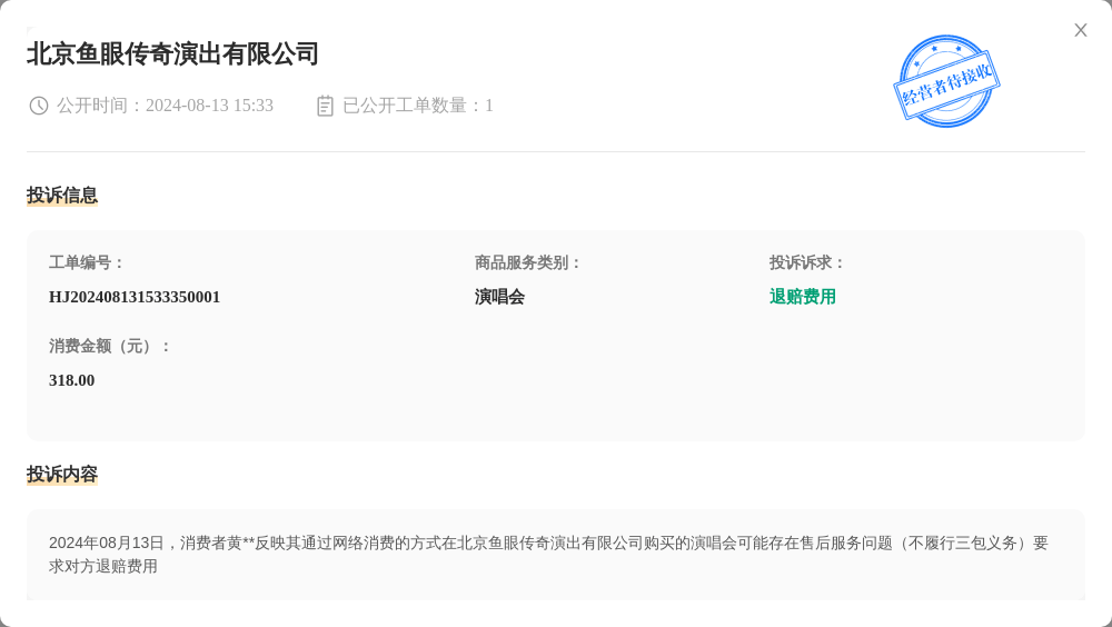 北京鱼眼传奇演出有限公司8月13日被投诉，涉及消费金额318.00元