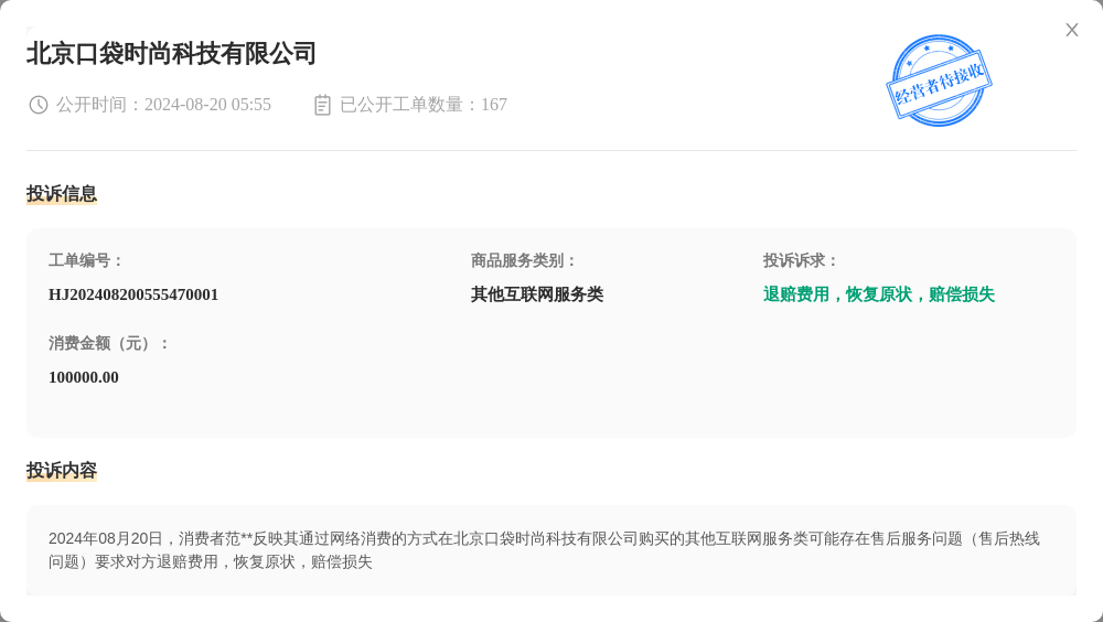 北京口袋时尚科技有限公司8月20日被投诉，涉及消费金额100000.00元